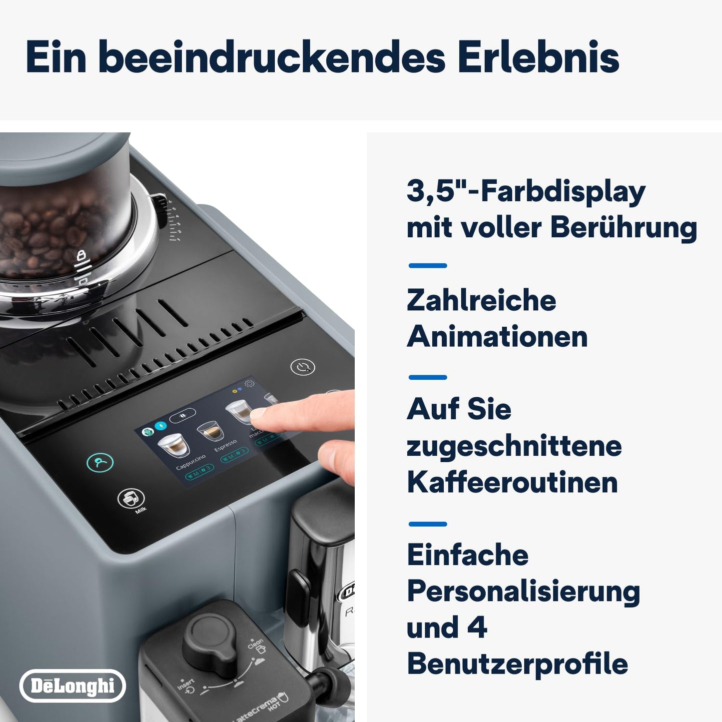 De'Longhi Rivelia EXAM440.55.G Kaffeevollautomat mit LatteCrema Milchsystem, Wechselbarer Bohnenbehälter, 16 Kaffee- & Milchgetränke auf Knopfdruck, Extra-Shot-Funktion, 3,5" Touch-Display, Grau