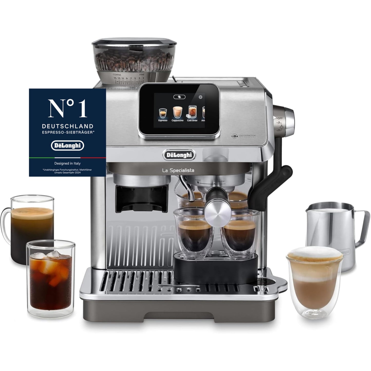 De'Longhi Siebträgermaschine La Specialista Touch EC9455.M, Espressomaschine mit integriertem Mahlwerk, Barista Guide, 15 Bar, Cold Brew Funktion, Automatische Milchaufschäumung, Touchscreen, Metall