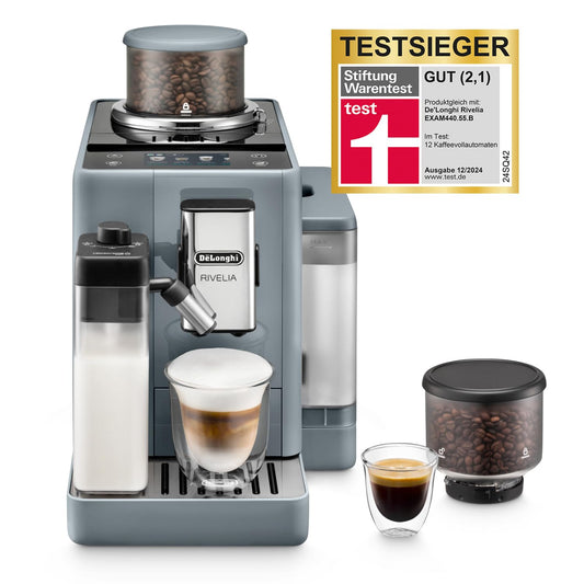De'Longhi Rivelia EXAM440.55.G Kaffeevollautomat mit LatteCrema Milchsystem, Wechselbarer Bohnenbehälter, 16 Kaffee- & Milchgetränke auf Knopfdruck, Extra-Shot-Funktion, 3,5" Touch-Display, Grau