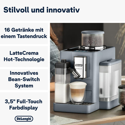 De'Longhi Rivelia EXAM440.55.G Kaffeevollautomat mit LatteCrema Milchsystem, Wechselbarer Bohnenbehälter, 16 Kaffee- & Milchgetränke auf Knopfdruck, Extra-Shot-Funktion, 3,5" Touch-Display, Grau