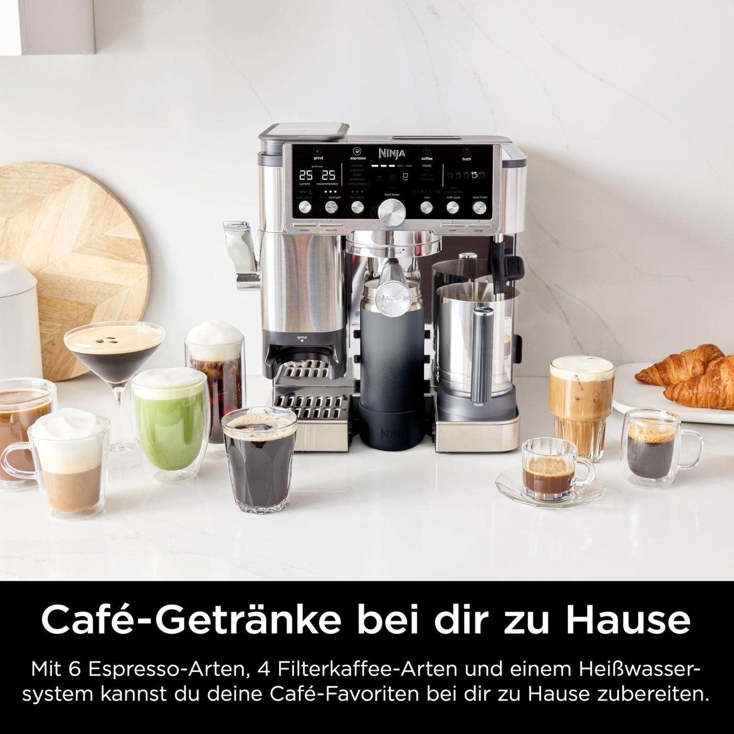 Ninja Luxe Pro 3-in-1-Kaffeemaschine mit Mahlwerk und Aufschäumer für Latte, Cappuccino, Cold Brew & Espresso, einfache Handhabung, 5 Voreinstellungen zum Aufschäumen, Silber, ES701EU