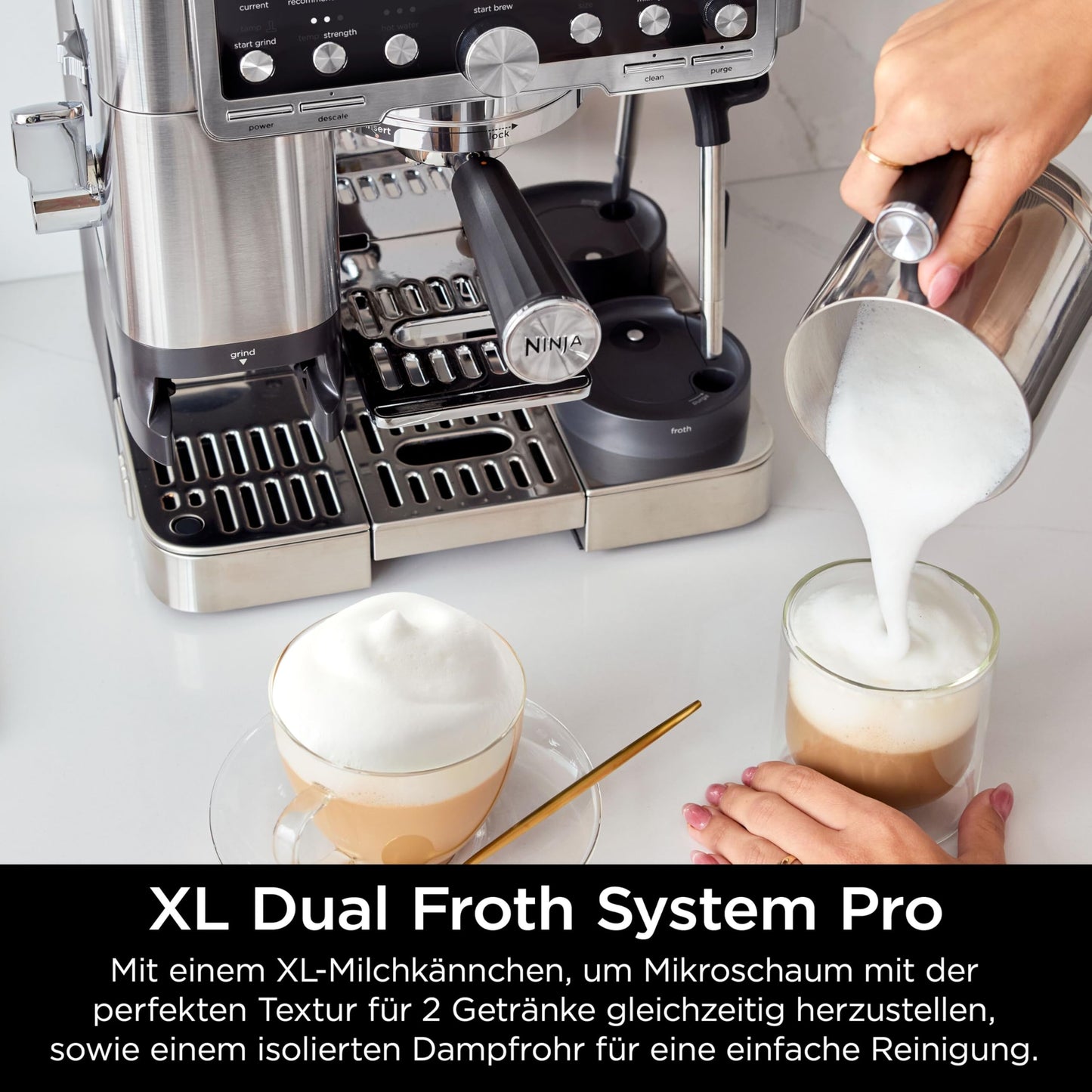 Ninja Luxe Pro 3-in-1-Kaffeemaschine mit Mahlwerk und Aufschäumer für Latte, Cappuccino, Cold Brew & Espresso, einfache Handhabung, 5 Voreinstellungen zum Aufschäumen, Silber, ES701EU