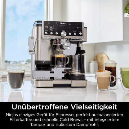 Ninja Luxe Pro 3-in-1-Kaffeemaschine mit Mahlwerk und Aufschäumer für Latte, Cappuccino, Cold Brew & Espresso, einfache Handhabung, 5 Voreinstellungen zum Aufschäumen, Silber, ES701EU